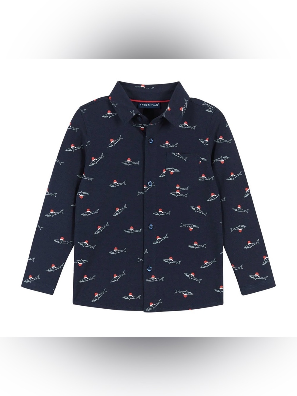 Andy & Evan Navy Shark-Print  Knit Pique Buttondown shirt